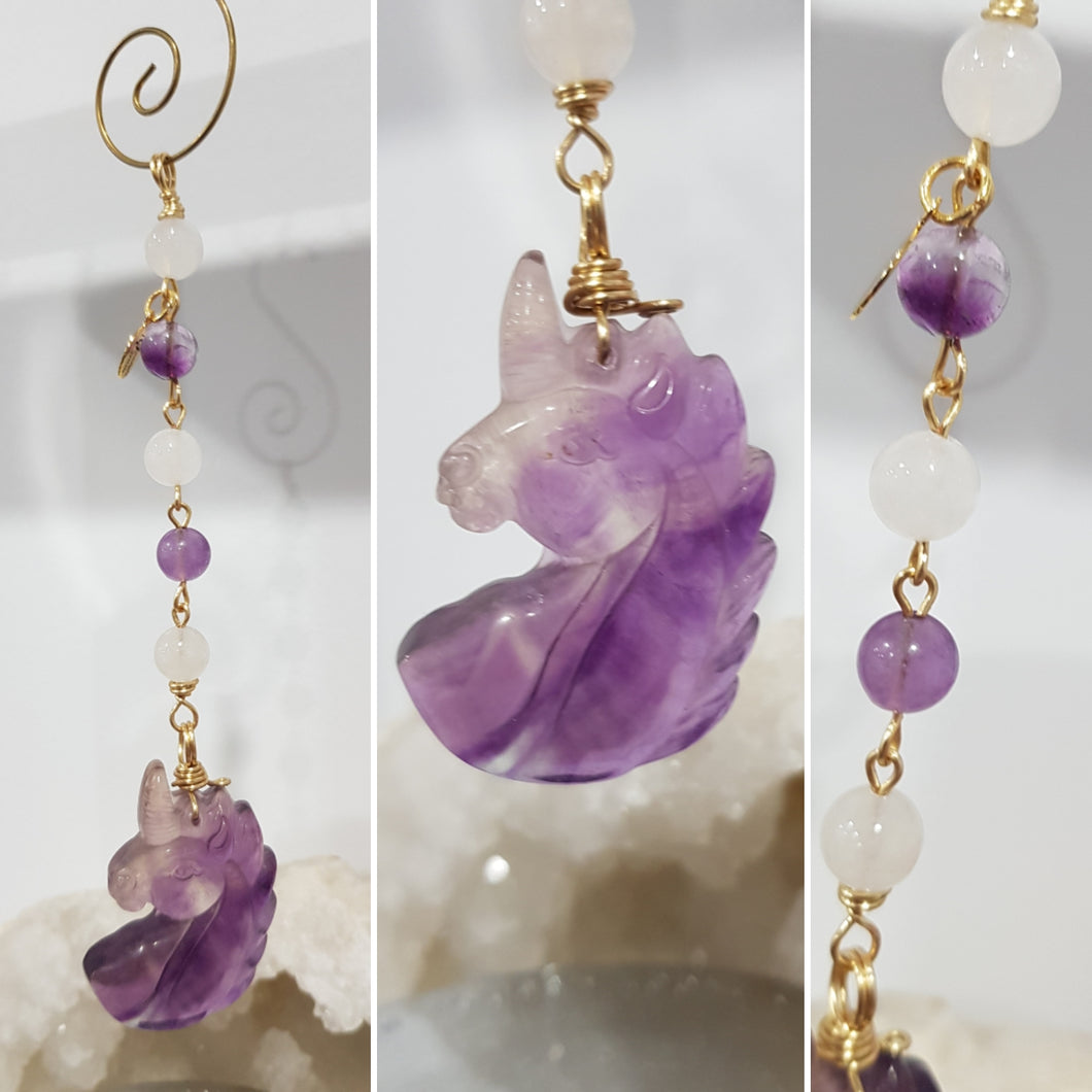 CLARITY / CONCENTRATION / DECISION MAKING - Fluorite Crystal Unicorn Gold Wired Energy Enhancer / Hanger / Sun Catcher 175mm EE38