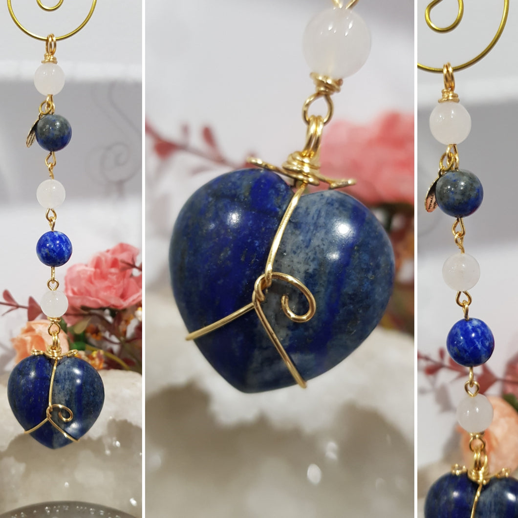 LOVE / HARMONY / INTUITION - Lapis Lazuli Crystal Heart Gold Wired Energy Enhancer / Hanger /  Sun Catcher 175mm EE29