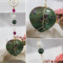 Load image into Gallery viewer, FOCUS / COURAGE / STRENGTH - Ruby Zoisite Crystal Heart Gold Wired Stone Energy Enhancer / Hanger / Sun Catcher 190mm EE21
