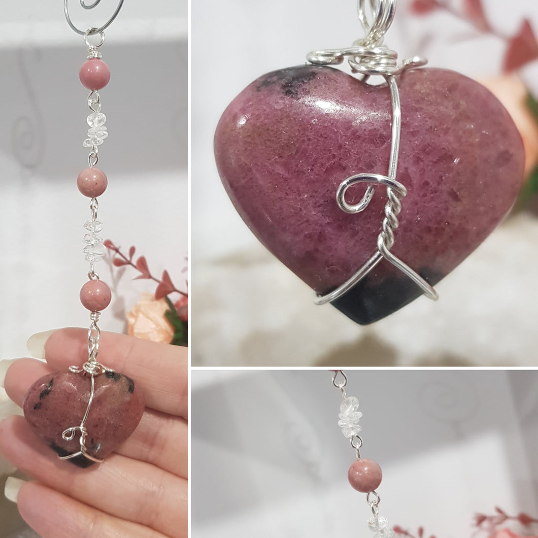 COMPASSION / BALANCE / SPIRITUALITY - Rhodonite Heart Crystal Silver Wired Energy Enhancer / Hanger / Sun Catcher 170mm EE53