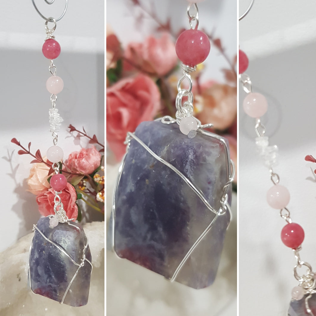 EMPATHY / LOVE / SPIRITUALITY - Unicorn Stone Crystal Freeform Silver Wired Energy Enhancer / Hanger / Sun Catcher / Ornament 200mm EE55