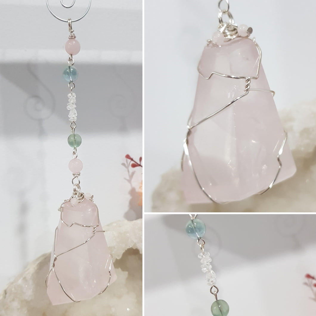 LOVE / GROUNDS / SPIRITUALITY - Rose Quartz Freeform Crystal Silver Wired Energy Enhancer / Hanger / Sun Catcher 200mm EE65