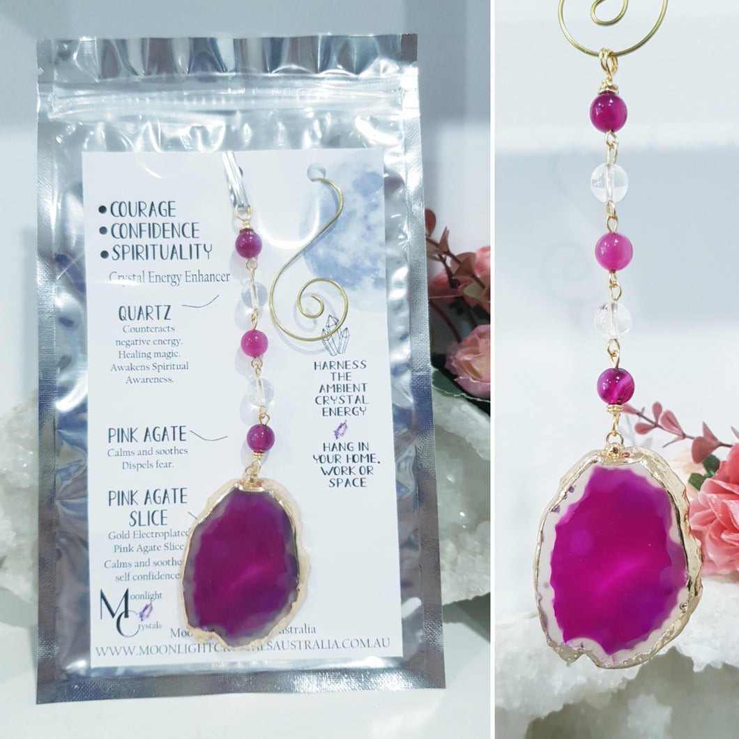 COURAGE / CONFIDENCE / SPIRITUALITY - Pink Agate Crystal Gold Wired Energy Enhancer / Hanger / Sun Catcher 200mm EE58