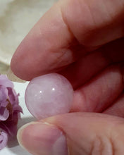 Load image into Gallery viewer, Mini Kunzite Sphere Crystal Carving on Silver Stand Inspiring Peace and Joy
