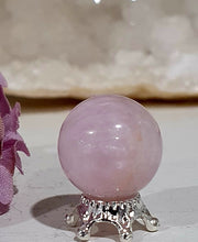 Load image into Gallery viewer, Mini Kunzite Sphere Crystal Carving on Silver Stand Inspiring Peace and Joy
