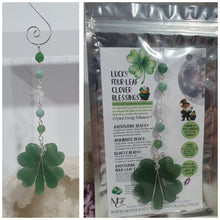 Load image into Gallery viewer, LUCKY FOUR-LEAF CLOVER BLESSINGS" Handcrafted Aventurine Crystal Carving Silver Stone Crystal Energy Enhancer© / Hanger / Ornament / Suncatcher 

Promotes GOOD FORTUNE | HOPE | MAGIC | PROTECTION

A four-leaf clover Symbolises good luck and abundance. It is believed if you hold a four-leaf clover you will gain the ability to see fairies and leprechauns and find their treasures. 

Beautiful Aventurine four-leaf clover crystal carving beaded with Amazonite, Aventurine and Quartz. Wire wrapped in Silver. 

