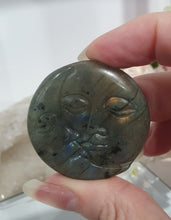 Load image into Gallery viewer, Moon Labradorite Crystal Carving

Inspires Transformation and Inner Strength

Labradorite Moon with orange flash Crystal Carving. 
