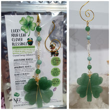 Load image into Gallery viewer, LUCKY FOUR-LEAF CLOVER BLESSINGS" Handcrafted Aventurine Crystal Carving Gold Stone Crystal Energy Enhancer© / Hanger / Ornament / Suncatcher 

Promotes GOOD FORTUNE | HOPE | MAGIC | PROTECTION

A four-leaf clover Symbolises good luck and abundance. It is believed if you hold a four-leaf clover you will gain the ability to see fairies and leprechauns and find their treasures. 

Beautiful Aventurine four-leaf clover crystal carving beaded with Amazonite, Aventurine and Quartz. Wire wrapped in Gold. 
