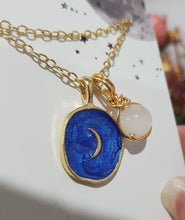 Load image into Gallery viewer, Midnight-Moon-Enamel-Pendant-with-Crystal-Moonstone-Bead-Gold-Necklace- Moonlight-Crystals-Australia

