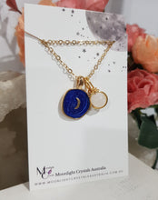 Load image into Gallery viewer, Midnight-Moon-Enamel-Pendant-with-Crystal-Moonstone-Bead-Gold-Necklace- Moonlight-Crystals-Australia
