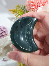 Load image into Gallery viewer, Moon Bowl Moss Agate Crystal Carving Stone. Inspires tranquility and grounding.

Beautiful polished Moss Agate Moon Bowl Crystal Carving
