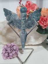Load image into Gallery viewer, Stunning Moss Agate Dagger with Angel Wings Crystal Carving Stone on Silver Stand. Tranquility and Grounding Energy 
