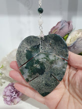 Load image into Gallery viewer, LEAF OF RENEWAL Moss Agate Leaf silver Crystal Energy Enhancer© Hanger Ornament Suncatcher, Inspires Spiritual Growth, Love &amp; Balance. Beaded with Moss Agate and Rose Quartz. Crystal Suncatchers
