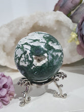 Load image into Gallery viewer, Lovely Moss Agate Sphere Crystal carving on silver stand.  Beautiful Druzy! Great Crystal Gift Idea. Promotes Grounding and connection to earth 
