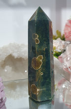 Load image into Gallery viewer, Ocean Jasper Crystal Point Tower Stone.  

INSPIRES ADAPTION, OVERCOMES CHALLENGES AND BRINGS JOY

Lovely Ocean jasper crystal point tower. 


