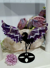 Load image into Gallery viewer, Beautiful polished Crystal Chevron Amethyst Pegasus Wings on stand. Inspiring Intuition and Spirituality

