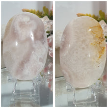 Load image into Gallery viewer, Pink Amethyst / Flower Agate Crystal Palm Stone palmstone on stand.

Inspires ENCOURAGEMENT &amp; SELF DISCOVERY

Pink Amethyst / Flower Agate Crystal Palm stone on plastic stand. So lovely.  
