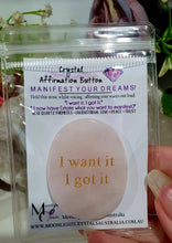 Load image into Gallery viewer, Rose Quartz Crystal Affirmation Button. Use to manifest your hopes, dreams and love. Genuine Rose Quartz Crystal Carving 
