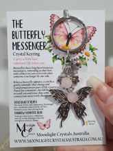 Load image into Gallery viewer, THE BUTTERFLY MESSENGER " Metal Butterfly Keyring Key chain with Rose Quartz &amp; Rainbow Hematite Beads Stone Silver Crystal Key Ring 

INSPIRES CONNECTION, LOVE &amp; TRANSFORMATION

Carry a little Love wherever life takes you. 

Lovely silver coloured metal Butterfly Keyring Key ring keychain with flower charms, beaded with Rose Quartz and Rainbow Hematite.



