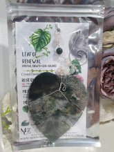 Load image into Gallery viewer, LEAF OF RENEWAL Moss Agate Leaf silver Crystal Energy Enhancer© Hanger Ornament Suncatcher, Inspires Spiritual Growth, Love &amp; Balance. Beaded with Moss Agate and Rose Quartz. Crystal Suncatchers
