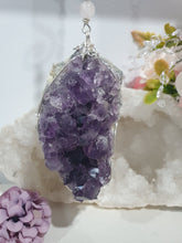 Load image into Gallery viewer, THE SEER AMULET - handcrafted Amethyst Cluster silver Crystal Energy Enhancer© Hanger Ornament Suncatcher

INTUITION / SPIRITUALITY / TRUST

Gorgeous Large Amethyst Cluster beaded with Amethyst, quartz and rose quartz. Wired in Silver

