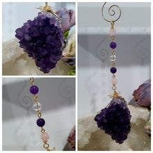Load image into Gallery viewer, THE SEER AMULET - handcrafted Amethyst Cluster gold Crystal Energy Enhancer© Hanger Ornament Suncatcher Perfect gift for any crystal lover. Suncatchers Australia
