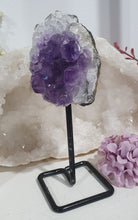 Load image into Gallery viewer, Gorgeous Amethyst Crystal Cluster Stone On stand. So sparkly and great display piece. 
