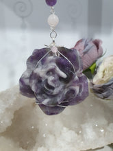 Load image into Gallery viewer, THE INTUITIVE ROSE Amethyst Carving silver Crystal Energy Enhancer© Hanger Ornament Suncatcher. Inspires Intuition, Love &amp; Magic. Crystal Suncatchers
