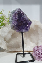 Load image into Gallery viewer, Gorgeous Amethyst Crystal Cluster Stone On stand. So sparkly and great display piece. 
