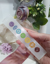Load image into Gallery viewer, Selenite Cleansing Crystal Slab with Rainbow Chakra Symbols Stone. Inspires Connection to the Angelic Realms

Beautiful Selenite Slab with Embossed Chakra Symbols.. Perfect to cleanse your space and crystals
