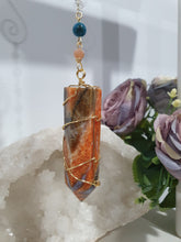 Load image into Gallery viewer, WAND OF EMPOWERMENT Sunstone Crystal Tower Stone Gold Wired Crystal Energy Enhancer© Hanger Ornament Suncatcher.  Crystal Suncatcher. Inspires Courage, Joy &amp; Knowledge
