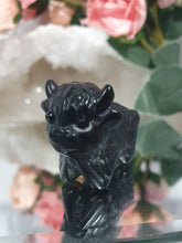 Load image into Gallery viewer, Beautiful Cute Black Obsidian Highland Cow Crystal Carving Stone. 
