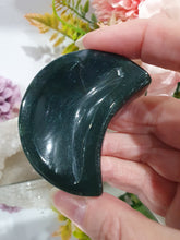 Load image into Gallery viewer, Moon Bowl Moss Agate Crystal Carving Stone. Inspires tranquility and grounding.

Beautiful polished Moss Agate Moon Bowl Crystal Carving
