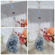 Load image into Gallery viewer, Gorgeous Blue Celestite Crystal Egg specimen Crystal Energy Enhancer / suncatcher beaded with Rose Quartz. Blue Jade and Hematite. Promote Divine Connection, harmony and spirituality. 
