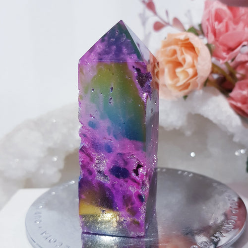 Pink-Titanium-Aura-Sphalerite-crystal-tower