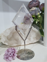Load image into Gallery viewer, Diamond Crystal Carving Quartz Stone on Silver Stand 180mm | Inspires Power, Purity and Spirituality has amazing RAINBOWS
