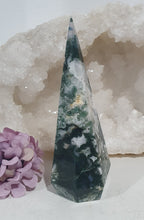 Load image into Gallery viewer, Moss Agate Crystal Tower Point Pinnacle Stone

INSPIRES GROUNDING AND CONNECTION TO EARTH

Lovely Moss Agate Crystal Pinnacle Point Tower Stone. 
