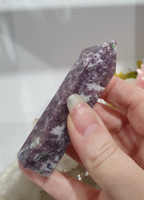 Load image into Gallery viewer, Lepidolite Crystal Tower Stone .  Discounted as tip is broken

STONE OF TRANSITION

Beautiful Lepidolite Tower stone.  this is lovely but tip is broken.     
