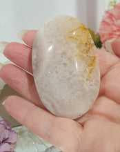 Load image into Gallery viewer, Pink Amethyst / Flower Agate Crystal Palm Stone palmstone on stand.

Inspires ENCOURAGEMENT &amp; SELF DISCOVERY

Pink Amethyst / Flower Agate Crystal Palm stone on plastic stand. So lovely.  
