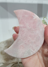 Load image into Gallery viewer, Pink Opal Moon Crystal Carving Stone on Silver Stand 

Inspires Compassion and Nurturing

Beautiful Pink Opal Moon Crystal Carving on silver stand     
