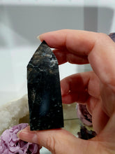 Load image into Gallery viewer, Black Sphalerite Crystal Point Tower Stone. Inspires Stability and Personal Growth. lovely and sparkly
