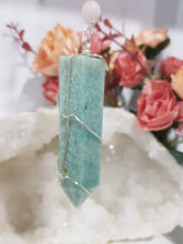 Load image into Gallery viewer, WAND OF HOPE - NURTURES | LOVE | CALMS - Amazonite Crystal Point Tower Silver Stone Crystal Energy Enhancer© / Hanger / Ornament / Suncatcher 200mm
