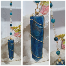 Load image into Gallery viewer, WAND OF PSYCHIC ACTIVATION - Handcrafted Apatite Tower Point Stone Gold Crystal Energy Enhancer© | Hanger | Ornament | Suncatcher

VISION | WISDOM | INTUITION

Gorgeous Apatite Point beaded with Apatite &amp; Quartz.  Wire wrapped in gold
