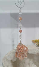 Load image into Gallery viewer, EMPOWERED BY THE SUN" Handcrafted Sunstone Raw Crystal Carving Silver Crystal Energy Enhancer© Hanger Ornament Suncatcher 

Inspires EMPOWERMENT | JOY | COURAGE

Lovely Sunstone rough crystal stone beaded with Sunstone and Quartz.  Wire wrapped in silver
