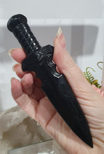 Load image into Gallery viewer, Beautiful polished Black Obsidian Athame (Dagger) Crystal Carving Stone.  

An Athame is a ceremonial knife used in spiritual rituals to direct energy, cast circles, and represent the element of fire or air, but it is typically not used for physical cutting.
