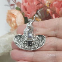 Load image into Gallery viewer, BROOCH WITCHES HAT silver metal 30mm CUTE FUN faux stone
