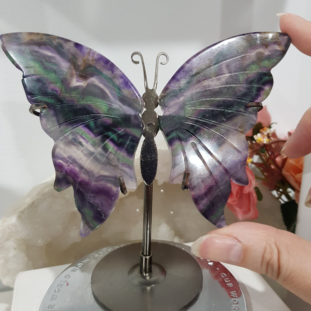 Butterfly Wings on Stand Fluorite Crystal carving gemstone stone 130mm 8 GORGEOUS EARTH INCLUSIONS