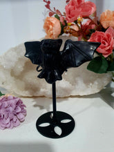 Load image into Gallery viewer, Beautiful polished Black Obsidian BAT Crystal Carving Stone on stand. Promotes protection and balance
