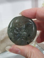 Load image into Gallery viewer, Moon Labradorite Crystal Carving

Inspires Transformation and Inner Strength

Labradorite Moon with orange flash Crystal Carving. 
