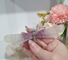 Load image into Gallery viewer, Dragonfly Fluorite Crystal Carving Stone on metal legs. LIGHT IN COLOUR 

Inspires CONCENTRATION AND STABILITY

Lovely Fluorite Dragonfly crystal carving with silver metal legs. Discounted as the stone is quite light in colour.    
